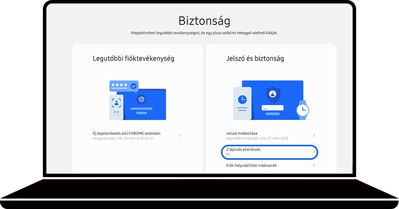 Kétlépcsős ellenőrzés kiválasztva a Samsung fiók weboldalának Biztonság részén