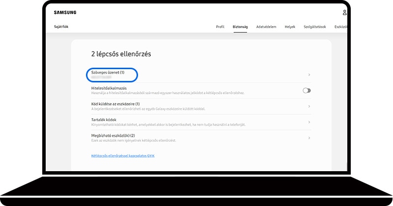 Szöveges üzenet kiválasztva a Samsung fiók weboldalának Kétlépcsős ellenőrzés részén