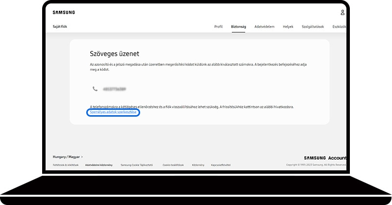 Személyes adatok szerkesztése kiválasztva a Samsung fiók weboldalának Szöveges üzenet részén