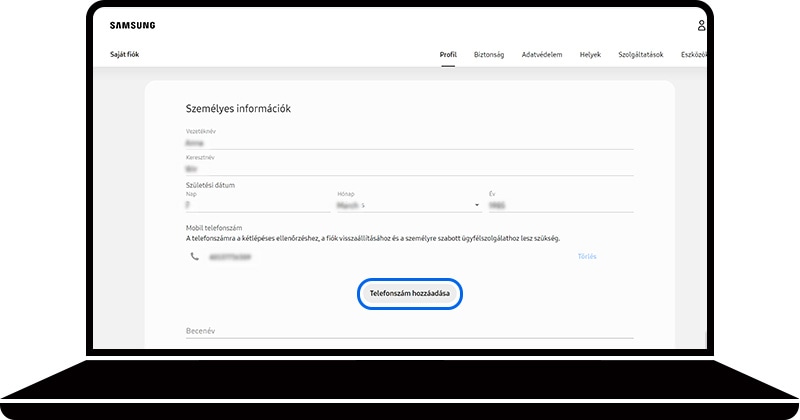 Telefonszám hozzáadása kiválasztva a Samsung fiók weboldalának Személyes információk részén