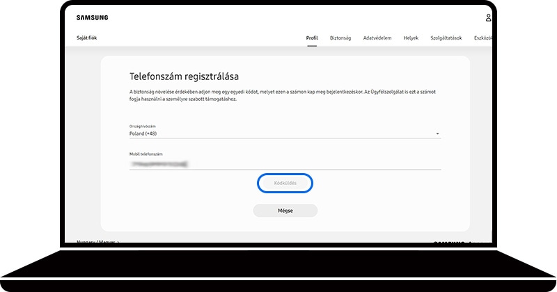 Kódküldés kiválasztva a Samsung fiók weboldalának Telefonszám regisztrálása részén