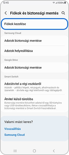 Fiókok kezelése kiválasztva a Fiókok és biztonsági mentés menüben