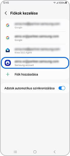 Samsung fiók kiválasztva a Fiókok kezelése menüben