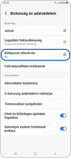 Kétlépcsős ellenőrzés kiválasztva a Samsung fiók biztonság és adatvédelem pontján belül