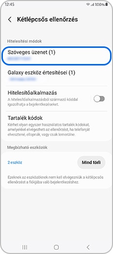 Szöveges üzenet kiválasztva a Kétlépcsős ellenőrzés menü Hitelesítési módok pontjában
