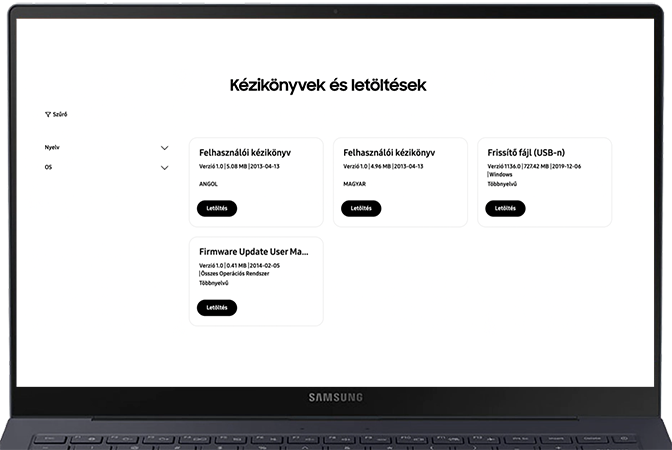 Görgess le a „Letöltések” részhez, ahol megtalálod a szoftverfrissítési fájlt és a firmware frissítési felhasználói kézikönyvet.