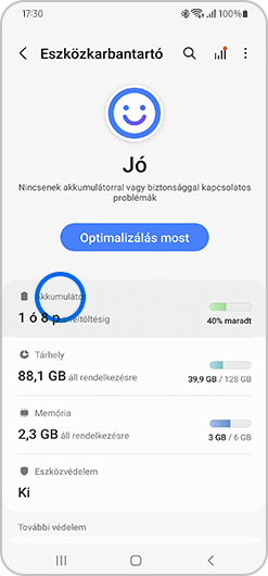 Az Akkumulátor elem kiválasztva az Akku- és eszközkarbantartó pontban.