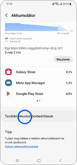 A További akkumulátorbeállítások elem kiválasztva az Akku- és eszközkarbantartó pontban.