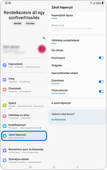 Beállítások megnyitva Galaxy Tab készüléken