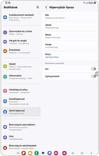 Zárolási képernyő típusának kiválasztása a Galaxy Tab készüléken