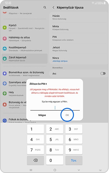 Pin-kód begépelése a Galaxy Tab készüléken