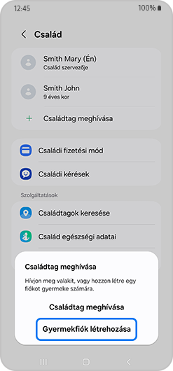 Családtag meghívása felugró ablak, ahol a fiók létrehozása kiemelve.