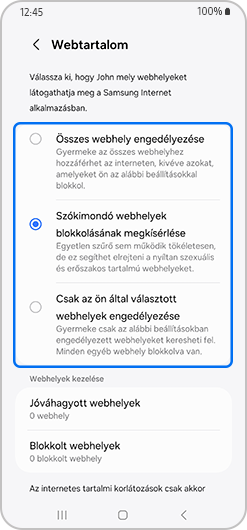 Webtartalom képernyő, ahol a felnőtt tartalmú oldalak blokkolásának megkísérlése van kiválasztva.