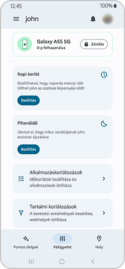 Családi Link felület, napi limit, leállási idő, alkalmazás limit és tartalmi korlátozások.