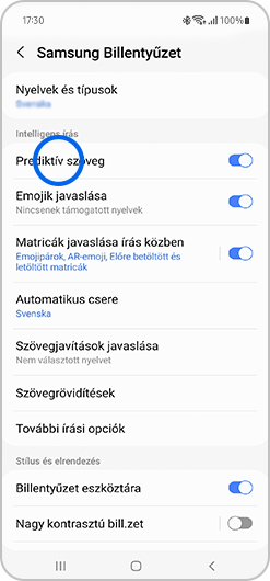 Kapcsold be a prediktív szövegbetivelt a csúszka átállításával.