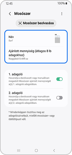A következő mosási program során használandó mosószer ajánlott mennyisége