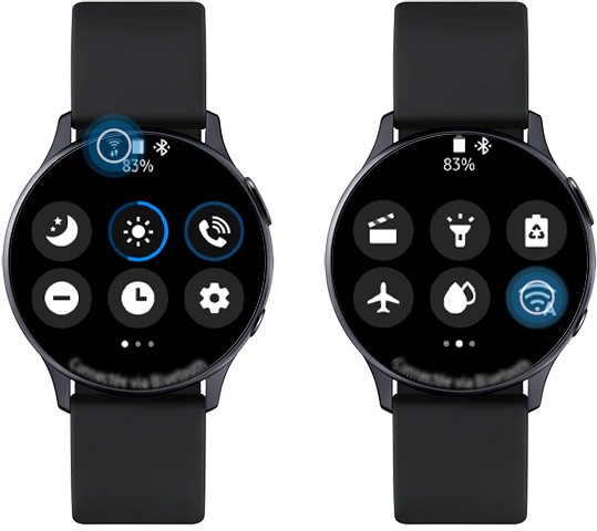 A Galaxy Watch Active2 Beállítások menüjében a WiFi jel ki van emelve