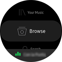 Galaxy Watch Active2 készüléken a Spotify alkalmazásban a tallózás van kiválasztva