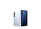 A Galaxy S25 in Icyblue stands next to a Galaxy S25 plus in Navy.