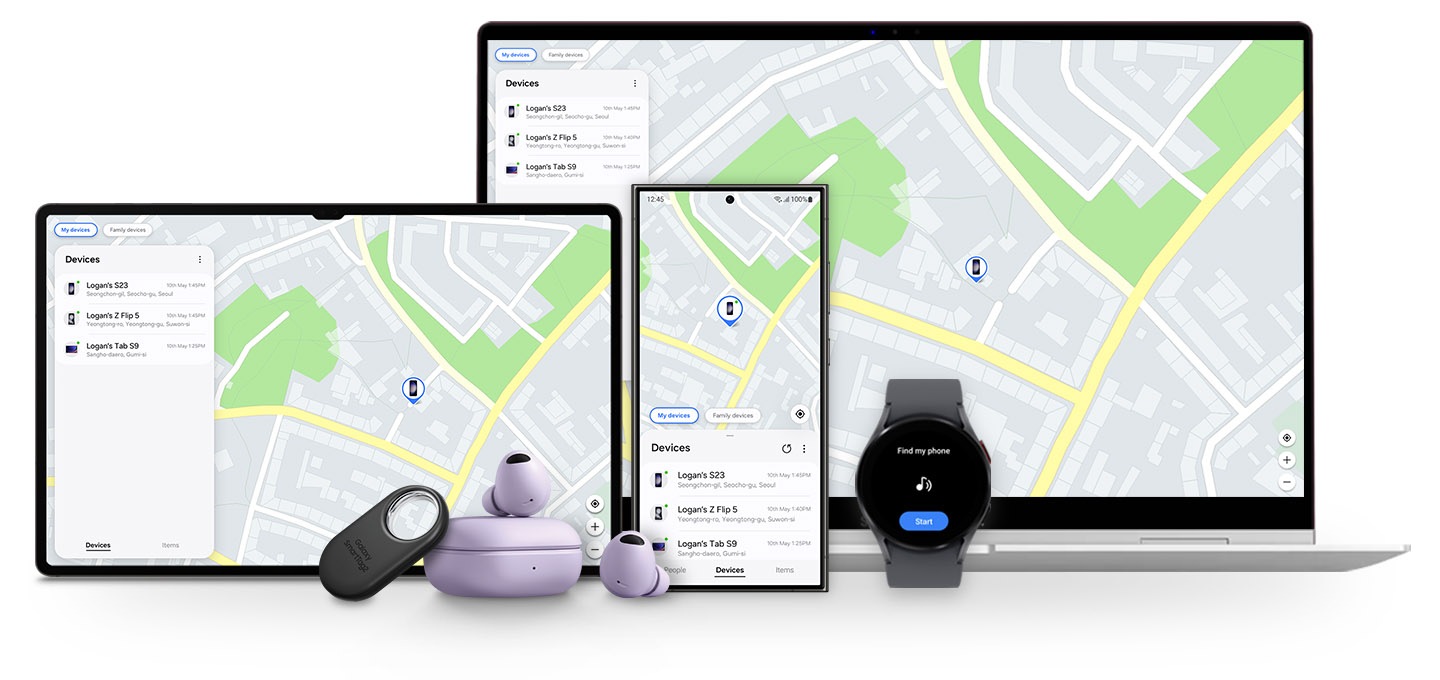 Galaxy Book, Galaxy Tab, dan ponsel pintar Galaxy menampilkan layar Samsung Find. Lokasi pelacakan terakhir perangkat yang hilang, Galaxy S23, ditunjukkan. SmartTag, Galaxy Buds, dan Galaxy Watch menunjukkan ketiga perangkat ini juga dapat digunakan untuk Samsung Find. Galaxy Watch menampilkan teks 'Find my phone' dengan ikon berdering di tengah dan tombol 'Mulai' di bawah.