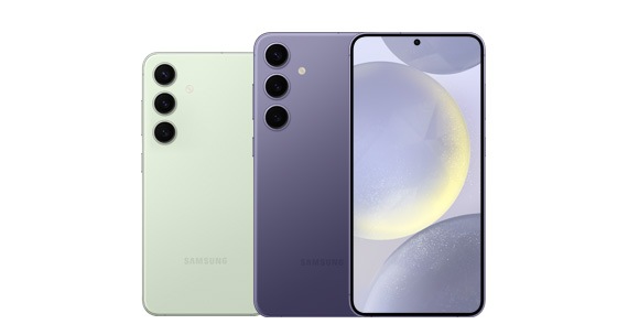 Rear view of the Galaxy S24 next to a rear and front view of the Galaxy S24+.