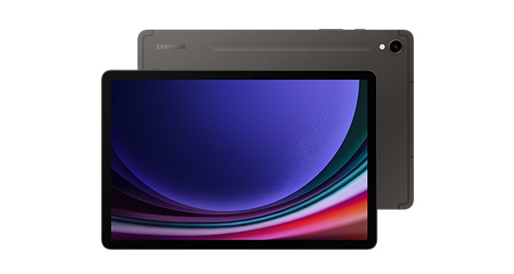 Galaxy Tab S9 open with an abstract design on the front screen.