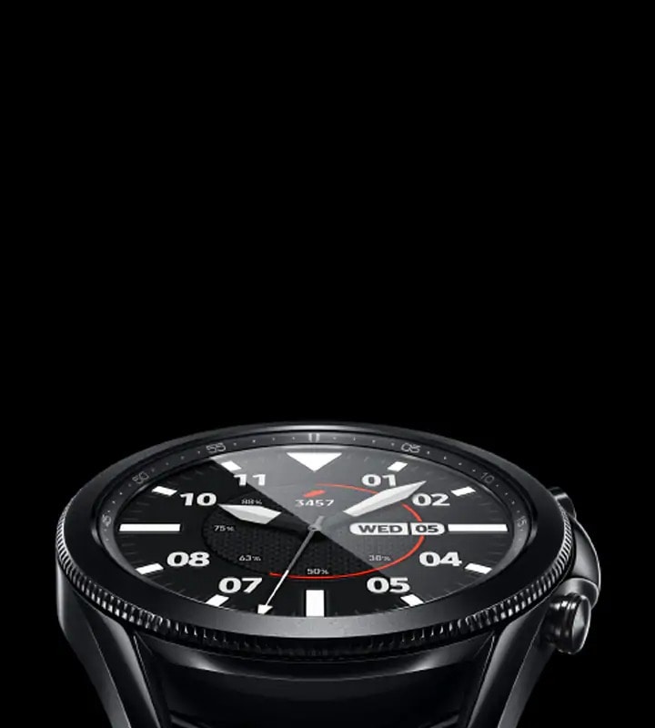 Eye-level view of Galaxy Watch3 in Mystic Black with Sporty Classic Watch Face.