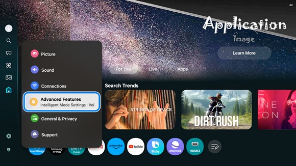 Samsung Smart TV menu interface highlighting the 'Advanced Features' option within the 'Settings' menu.