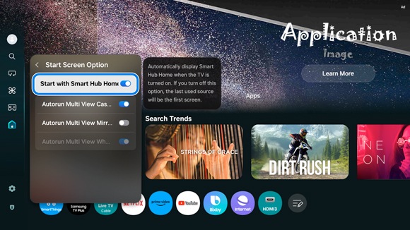 Samsung Smart TV interface showing the 'Start Screen Option' menu with the 'Start with Smart Hub Home' option highlighted.