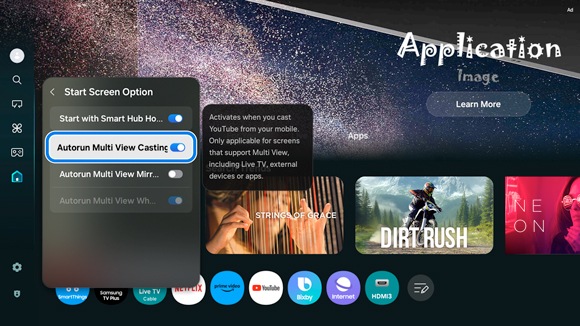 Samsung Smart TV interface showing the 'Start Screen Option' menu with the 'Autorun Multi View Casting' option highlighted.