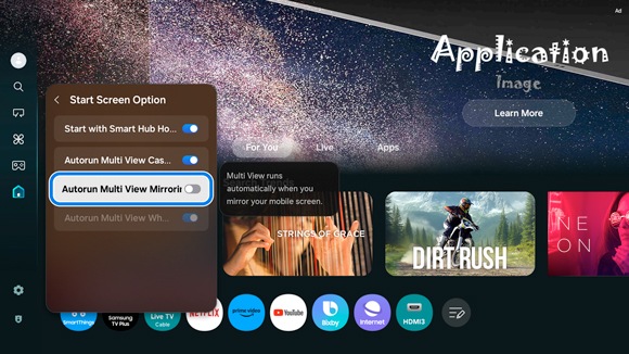 Samsung Smart TV interface showing the 'Start Screen Option' menu with the 'Autorun Multi View Mirroring' option highlighted.