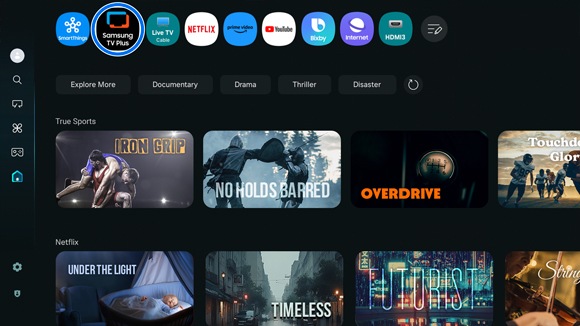 Samsung Smart Hub interface with the TV Plus app selected.