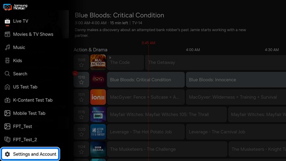 Samsung TV Plus channel guide showing current and upcoming programs, with the 'Settings and Account' option highlighted on the left sidebar.