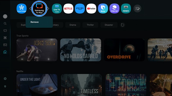 Samsung Smart Hub interface with the TV Plus app selected.