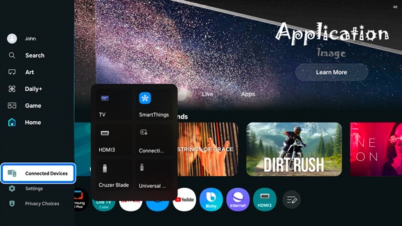 Samsung Smart Hub interface displaying the sidebar with 'Connected Devices' highlighted, showing various connected device options including TV, SmartThings, and HDMI inputs.