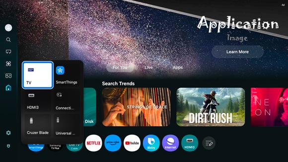 Samsung Smart Hub interface highlighting the 'TV' icon in the Connected Devices menu.