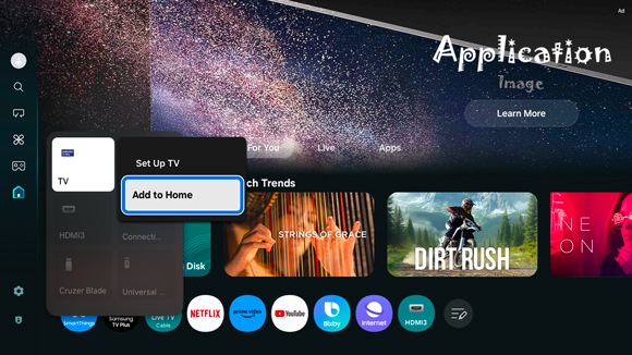 Samsung Smart Hub interface displaying a pop-up menu with the option 'Add to Home' highlighted for the TV function.