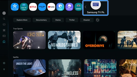 Samsung Smart Hub interface showing the Samsung TV Plus icon within the app list, surrounded by other app icons like Netflix and YouTube.