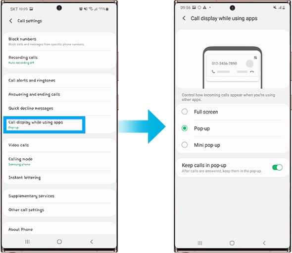 How to set call display while using apps