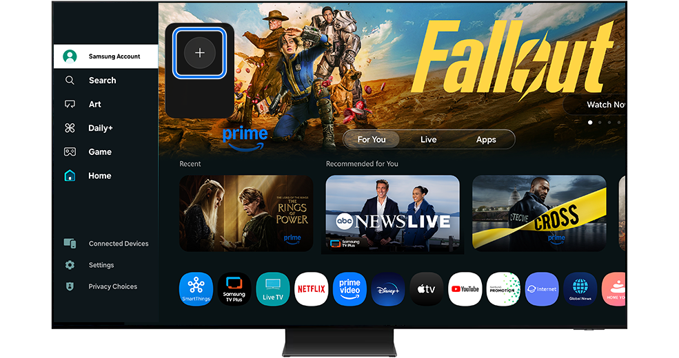 The ‘+’ button is highlighted to sign-in to a Samsung account.