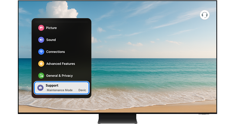Support menu highlighted on the TV screen.