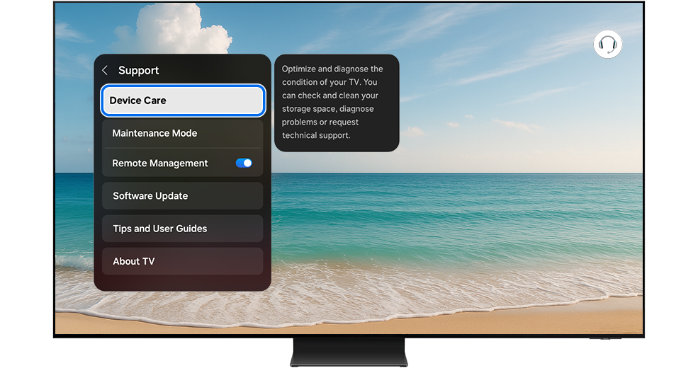 Device Care menu highlighted on the TV screen.