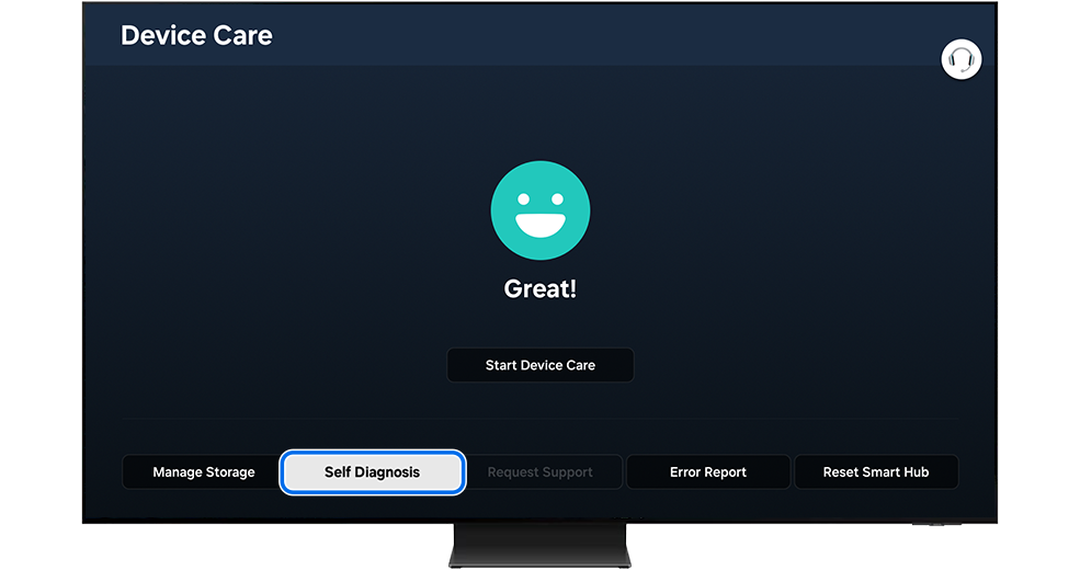 Self Diagnosis menu highlighted on the Device Care page.