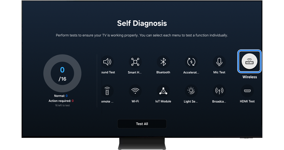 Wireless One Connect icon highlighted on the Self Diagnosis page.