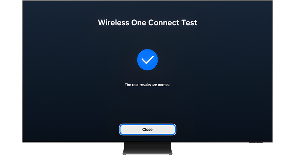 Close button highlighted on the Wireless One Connect Test page.