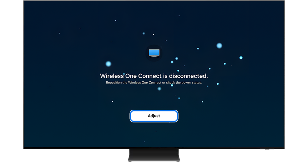 TV screen displays Wireless One Connect disconnected message with Adjust button highlighted.