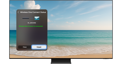 Unpair button highlighted on the TV screen.