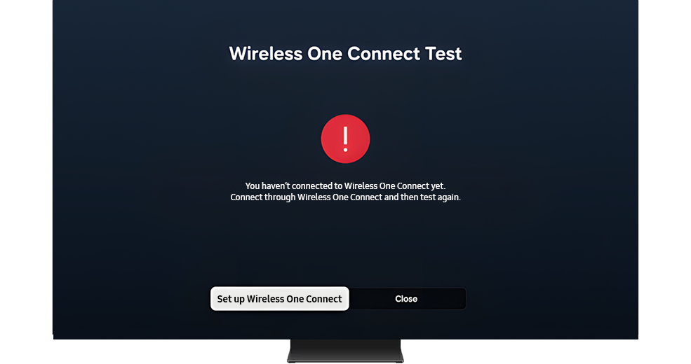 Halaman masalah ditampilkan di layar uji Wireless One Connect. Wireless One Connect tidak terhubung dengan TV.