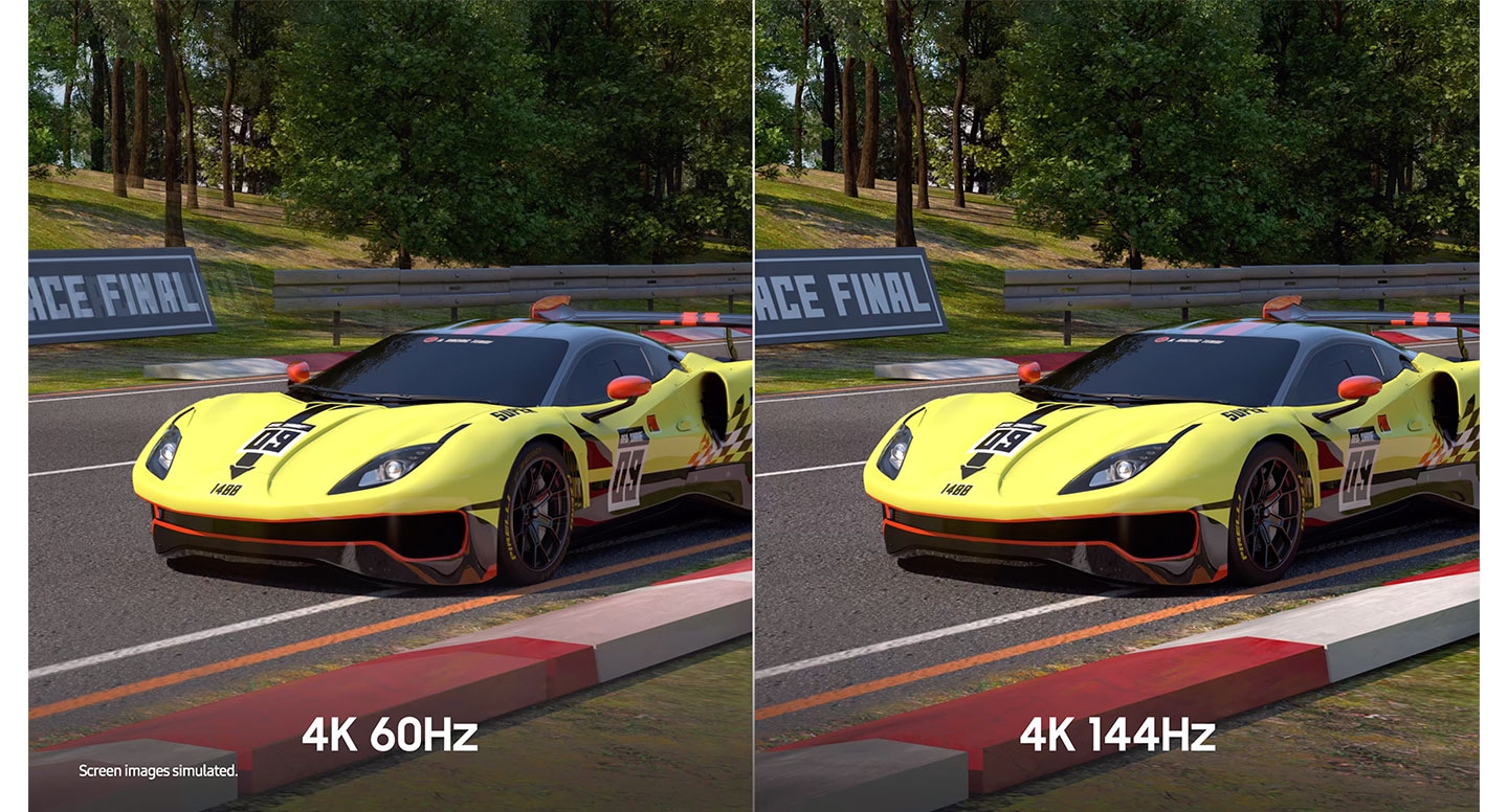 A comparison is being made between the same race car racing in 4K 60Hz and 4K 144Hz, with both displayed side by side. The text Screen images simulated is on display at the bottom.