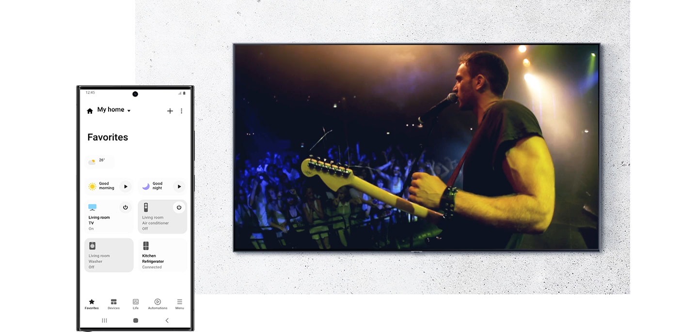 A Smart TV shows a live concert scene with a TV sound volume display that can be controlled by a Smart TV remote app on a smartphone.